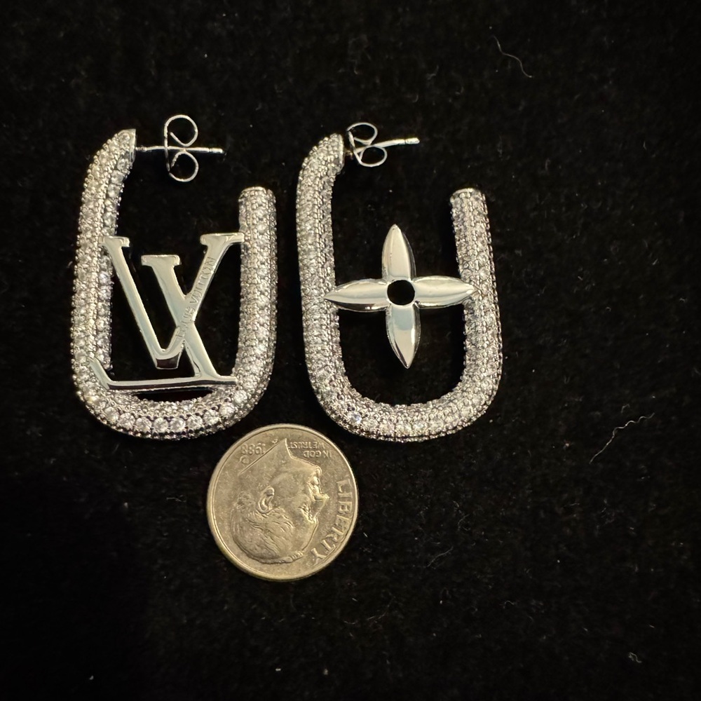 Louis Vuitton Silver Logo Baguette Crystal and Flower Earrings